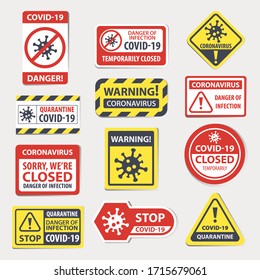 Coronavirus Warning Stop Signs, Virus Danger And COVID 19 Quarantine Infection Temporary Closed Signage, Vector Icons. Coronavirus Epidemic Warning Door Stickers, Viral Disease Infection Danger Design