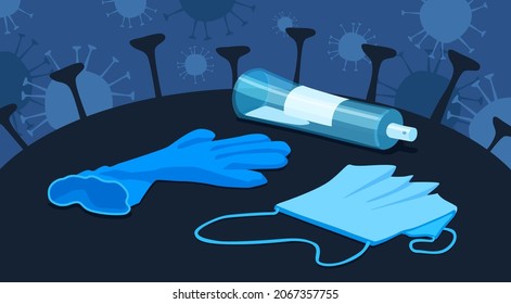 Coronavirus waste. Used mask, glove, antiseptic spray bottle. Covid-19 garbage, pollution, trash. A vector cartoon illustration.