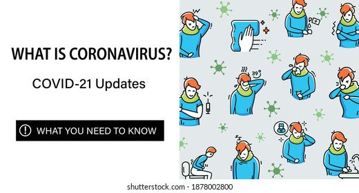 Coronavirus web banner.Covid19 symptoms. What is coronavirus,what you need to know. Healthcare landing,web page layout template. Covid21 updates color icons set. Linear vector illustrations collection