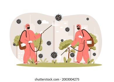 Coronavirus web character concept. Stop covid-19. Doctors in protective suits fights virus by disinfecting bacterium, isolated scene with persons. Vector illustration with people in flat design