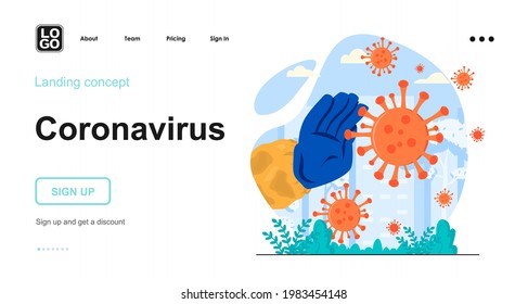 Concepto web de Coronavirus. La mano médica lucha con la infección viral, detienen la propagación de la bacteria de la enfermedad. Plantilla de escenas de personas. Ilustración vectorial con actividades de carácter en diseño plano para sitio web