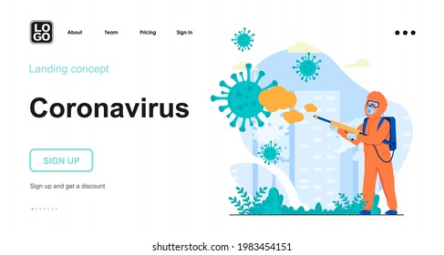 Coronavirus web concept. Medic in protective suit fights disinfection spray with viral infection. Template of people scenes. Vector illustration with character activities in flat design for website