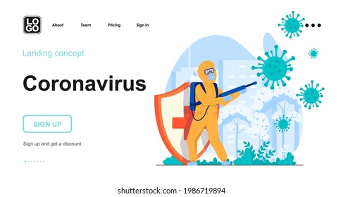 Coronavirus web concept. Medic in protective suit disinfect, fighting virus. Stop covid-19 spread. Template of people scenes. Vector illustration with character activities in flat design for website