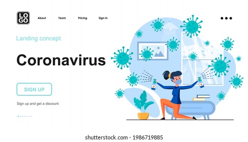 Coronavirus web concept. Woman in protective mask disinfects room at home. Stop spread of covid-19. Template of people scenes. Vector illustration with character activities in flat design for website