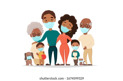 Coronavirus in whole world. African black family in medical face mask. Concept of coronavirus quarantine 2020. Protect your family and prevent the flu, vector flat cartoon illustration.