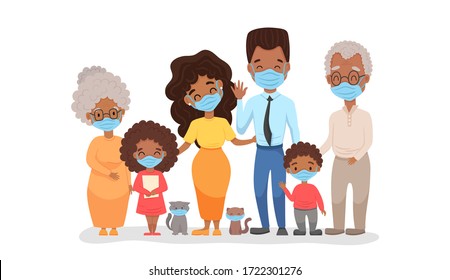 Coronavirus In Whole World. African Black Family In Medical Face Mask. Concept Of Coronavirus Quarantine 2020. Protect Your Family And Prevent The Flu, Vector Flat Cartoon Illustration.