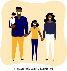 Coronavirus in whole world. African black family in medical face mask. Concept of coronavirus quarantine 2020. Protect your family and prevent the flu, vector flat cartoon illustration.