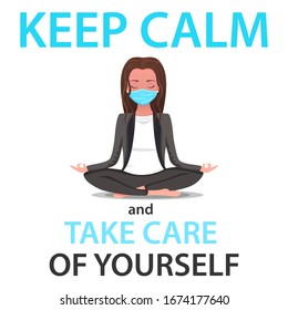 Coronavirus in whole world. The girl keep calm, meditating and wearing medical mask against the virus COVID-2019. Take care of yourself. Concept of coronavirus quarantine vector illustration. 