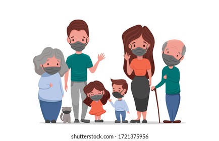 Coronavirus in whole world. White family in medical face mask. Concept of coronavirus quarantine 2020. Protect your family and prevent the flu, vector flat cartoon illustration.