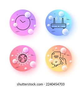 Coronavirus, Wifi and Time minimal line icons. 3d spheres or balls buttons. Certificate icons. For web, application, printing. Pandemic infection, Internet router, Clock. Certified guarantee. Vector