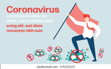 Coronavirus win concept. Business man rejoice over the victory over the virus idea,People celebrating victory over nCoV virus. defeated covid-19, Vector illustration cartoon flat design,