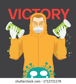 Coronavirus win concept. Business man rejoice over the victory over the virus idea,People celebrating victory over nCoV virus. defeated covid-19, Vector illustration cartoon flat design,