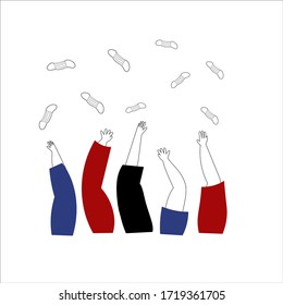 Coronavirus win concept. Hands throwing up medical masks. Hand drawn vector illustration stylized. End of quarantine.