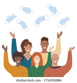 Coronavirus win concept. People  throwing up medical masks. Hand drawn vector illustration.