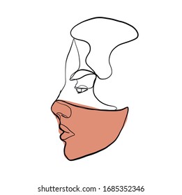 Coronavirus. Woman in a medical mask. Pandemic virus. Portrait of a female head silhouette drawn in one continuous line in a minimal graphic style. Trendy modern pencil avatar. 