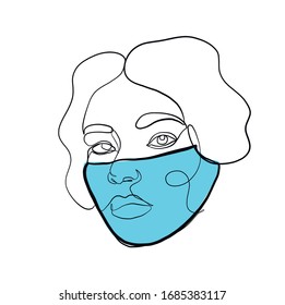 Coronavirus. Woman in a medical mask. Pandemic virus. Portrait of a female head silhouette drawn in one continuous line in a minimal graphic style. Trendy modern pencil avatar. 