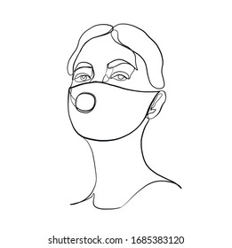 Coronavirus. Woman in a medical mask. Pandemic virus. Portrait of a female head silhouette drawn in one continuous line in a minimal graphic style. Trendy modern pencil avatar. 
