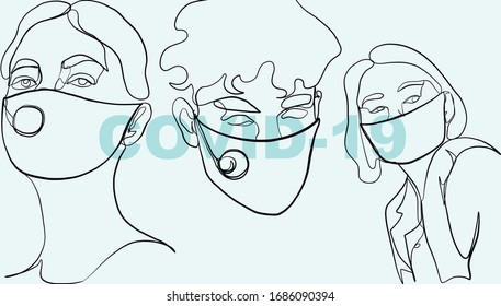 Coronavirus. Woman in a medical mask. Pandemic virus. Portrait of a female head silhouette drawn in one continuous line in a minimal graphic style. Trendy modern pencil avatar. 