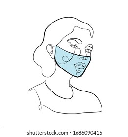 Coronavirus. Woman in a medical mask. Pandemic virus. Portrait of a female head silhouette drawn in one continuous line in a minimal graphic style. Trendy modern pencil avatar. 