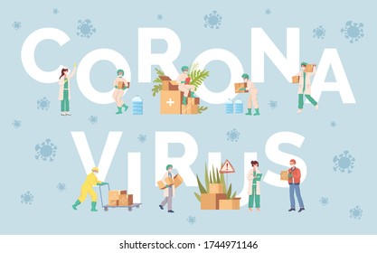 Coronavirus word banner template. Medical workers in uniform and protective suits carrying humanitarian aid, volunteer in protective mask deliver material assistance vector flat cartoon poster design.