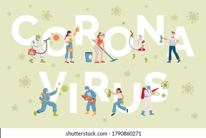 Plantilla de banner de vector de palabras Coronavirus. Personas con trajes protectores y máscaras médicas que desinfectan superficies durante el brote de Coronavirus ilustración plana. Medidas preventivas contra Covid-19.