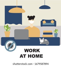 Coronavirus work at home concept, Closing offices, factories and industries,  quarantine coronavirus  2019-nCoV, covid-19, girl in white medical face mask work at home