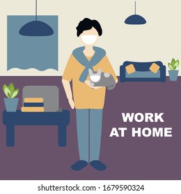 Coronavirus work at home concept, Closing offices, factories and industries, quarantine coronavirus  2019-nCoV, covid-19, man in white medical face mask work at home