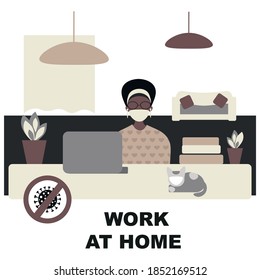 Coronavirus trabaja en el concepto de casa, oficinas de cierre, fábricas e industrias, coronavirus de cuarentena 2019-nCoV, covid-19, negro, mujer africana con mascarilla médica blanca trabajo en casa