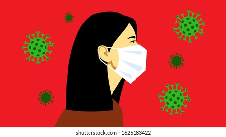 Coronavirus in the World. Coronavirus (2019-nCoV), woman in white medical face mask. Female portrait surround viruses in the air. Concept of coronavirus, quarantine, lockdown. Modern illustration