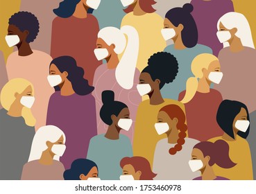 Coronavirus in the world, China. New Coronavirus (2019-nKoV), a group of people. People of different nationalities, girls in a white medical mask. The concept of coronavirus and quarantine. Vector