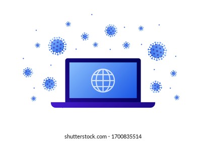 Konzept für eine weltweite Epidemie mit Coronavirus. Vektorillustration flach. Laptop-Computerbildschirm mit Planetensymbol. Viruszeichen. Design-Element für Medizin-Banner, Hintergrund, Web, Infografik