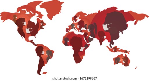 Coronavirus. World map. Group people diversity wearing medical masks. Crowd of people planning themselves from viral or bacteriological infection.Epidemic.pandemic.Contagion.Prevention