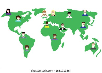 Coronavirus in world. Novel coronavirus 2019-nCoV, woman and man in white medical face mask on world map. Concept of coronavirus quarantine. Concept of pandemic. COVID-19