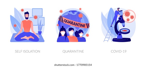 Coronavirus world pandemic abstract concept vector illustration set. Self isolation, quarantine, COVID-19, stay safe at home, social distancing, government strict measures abstract metaphor.