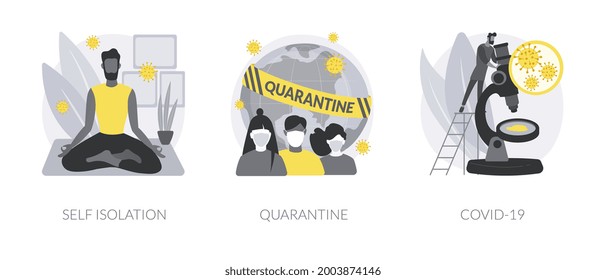 Coronavirus world pandemic abstract concept vector illustration set. Self isolation, quarantine, COVID-19, stay safe at home, social distancing, government strict measures abstract metaphor.