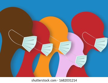 Coronavirus world pandemic. Novel coronavirus 2019-nCoV, people in white medical face mask. Concept of coronavirus quarantine vector illustration, Surgical masks concept