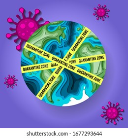 Coronavirus in the world. Paper cut earth with quarantine tape. Qurantine in USA, Europe, Asia. Corona infection outbreak. Covid-19 pandemic on planet earth. Vector illustration.