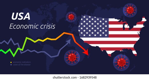 Coronavirus in world. Quarantine and global recession. USA hit by coronavirus outbreak and pandemic. Concept of world and local economy crisis