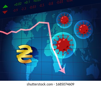 Coronavirus in world. Quarantine and global recession. Ukrainian hryvnia hit by corona virus outbreak and pandemic. Concept of world economy crisis