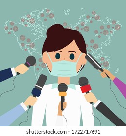 Coronavirus in World. Quarantine vector doctor with medical mask Press conference, live news