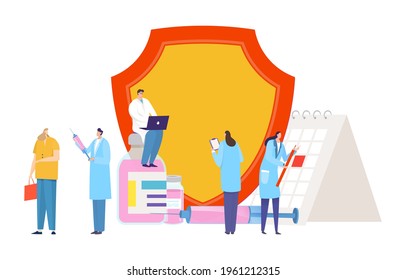 Coronavirus world vaccination programme, epidemic medical crisis, tiny doctor scientific research flat vector illustration, isolated on white.