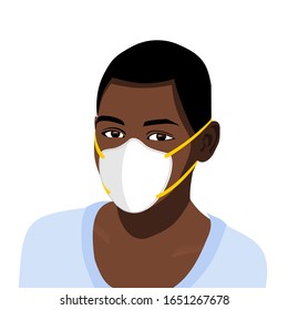 Coronavirus in Wuhan, African Boy who are in Anxiety and Fear Because of the Coronavirus Wearing N95 Mask. Standard Mask for Against Viral Pandemic. Design Concept for Protection Chinese Virus 