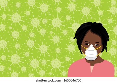 Coronavirus in Wuhan, African Girl who are in Anxiety and Fear Because of the Coronavirus Wearing N95 Mask Background. Design Concept for Protection Chinese Virus Outbreak