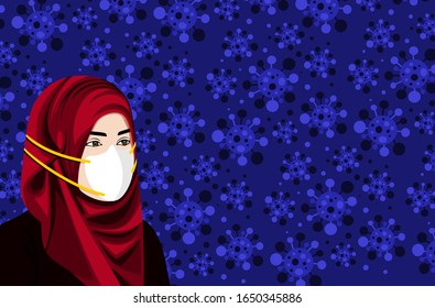 Coronavirus in Wuhan, Arabian Woman who are in Anxiety and Fear Because of the Coronavirus Wearing Hijab and N95 Mask Background. Design Concept for Protection Chinese Virus Outbreak