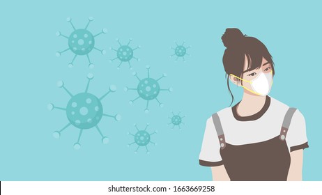 Coronavirus in Wuhan, Asian Woman who are in Anxiety and Fear Because of the Coronavirus Wearing N95 Mask Background. Design Concept for Protection Chinese Virus Outbreak