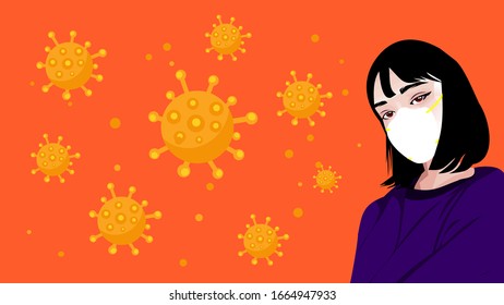 Coronavirus in Wuhan, Asian Woman who are in Anxiety and Fear Because of the Coronavirus Wearing N95 Mask Background. Design Concept for Protection Chinese Virus Outbreak