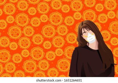 Coronavirus in Wuhan, Asian Women who are in Anxiety and Fear Because of the Coronavirus Wearing N95 Mask Background. Design Concept for Protection Chinese Virus Outbreak