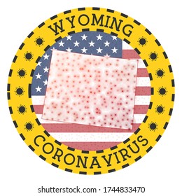Coronavirus in Wyoming sign. Round badge with shape of Wyoming. Yellow us state lock down emblem with title and virus signs. Vector illustration.