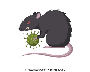 Coronavirus in the year of the Rat 2020. Concept illustration of the coronavirus pandemic. Transmission of the virus from animals to humans. Rat holding coronavirus. Isolated on white background