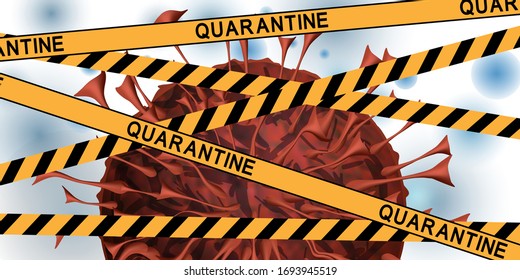 Coronavirus with yellow tape with the inscription QUARANTINE. Global quarantine on coronavirus outbreak. Concept of quarantine world pandemic, pandemic medical health risk, quarantine virus. Vector